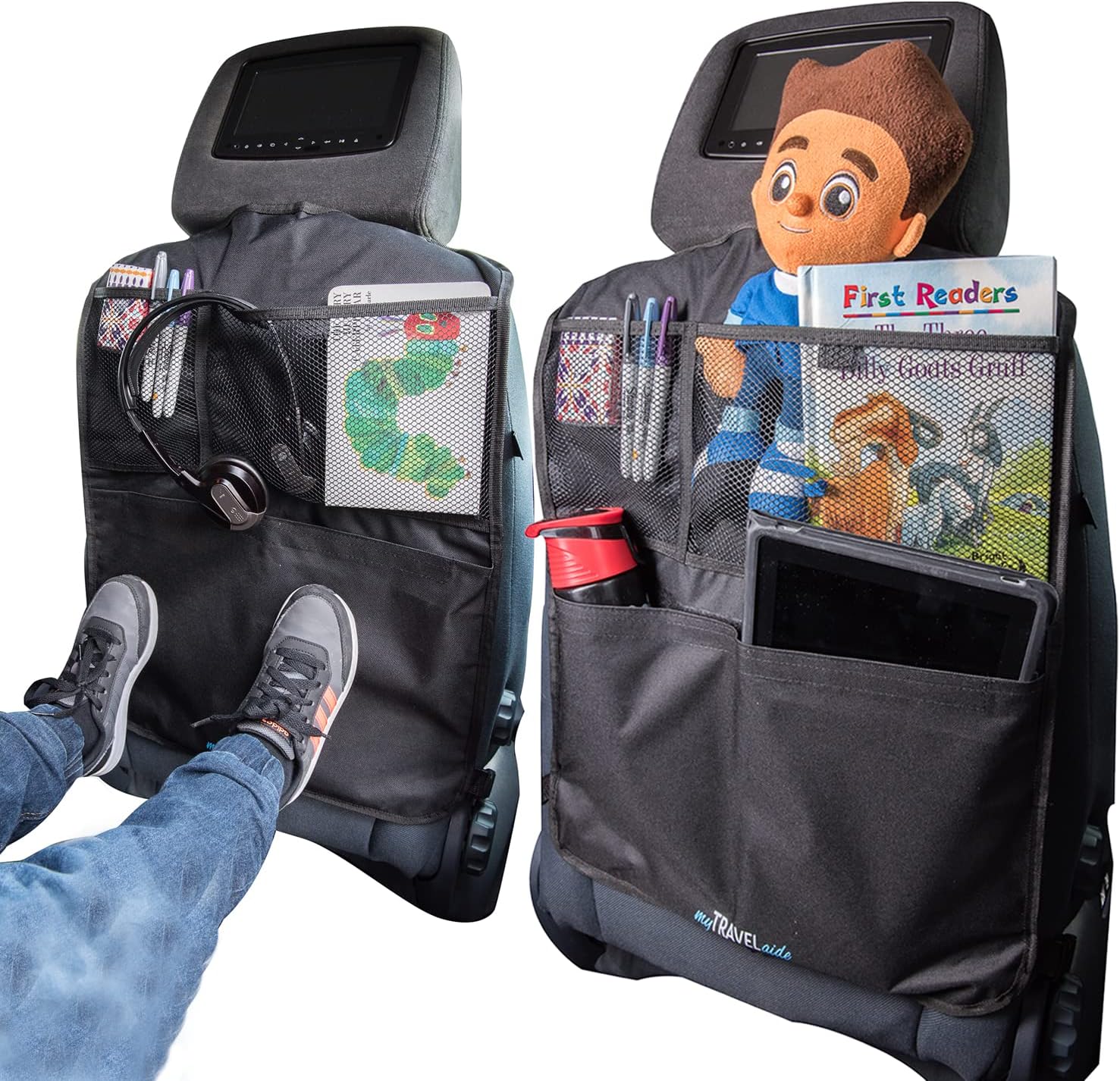 MyTravelAide Kick Mats with Car Backseat Organiser - XL Storage Pocket - 2 Pack - 100% Waterproof - Premium XL Protector for Car Seat Back