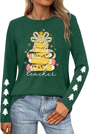 Merry Christmas T-Shirt for Women Merry and Bright Tree Shirt Funny Christmas Long Sleeve Shirts Xmas Tee