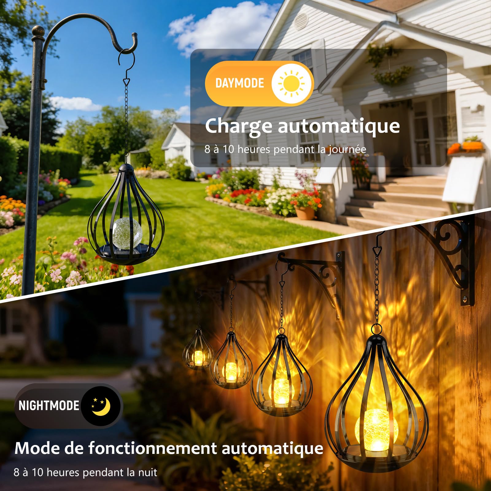 Lanterne Solaire Extérieure avec Sphère Craquelée, IP65 Étanche Lampe Solaire Exterieur pour Décoration Jardin, Suspension ou Pose au Sol Cadeau Idéal pour Terrasse Balcon, 2 Pièces | Lumière Jaune Chaude, Suspensible Ou Posable. Décoration Jardin, Terras