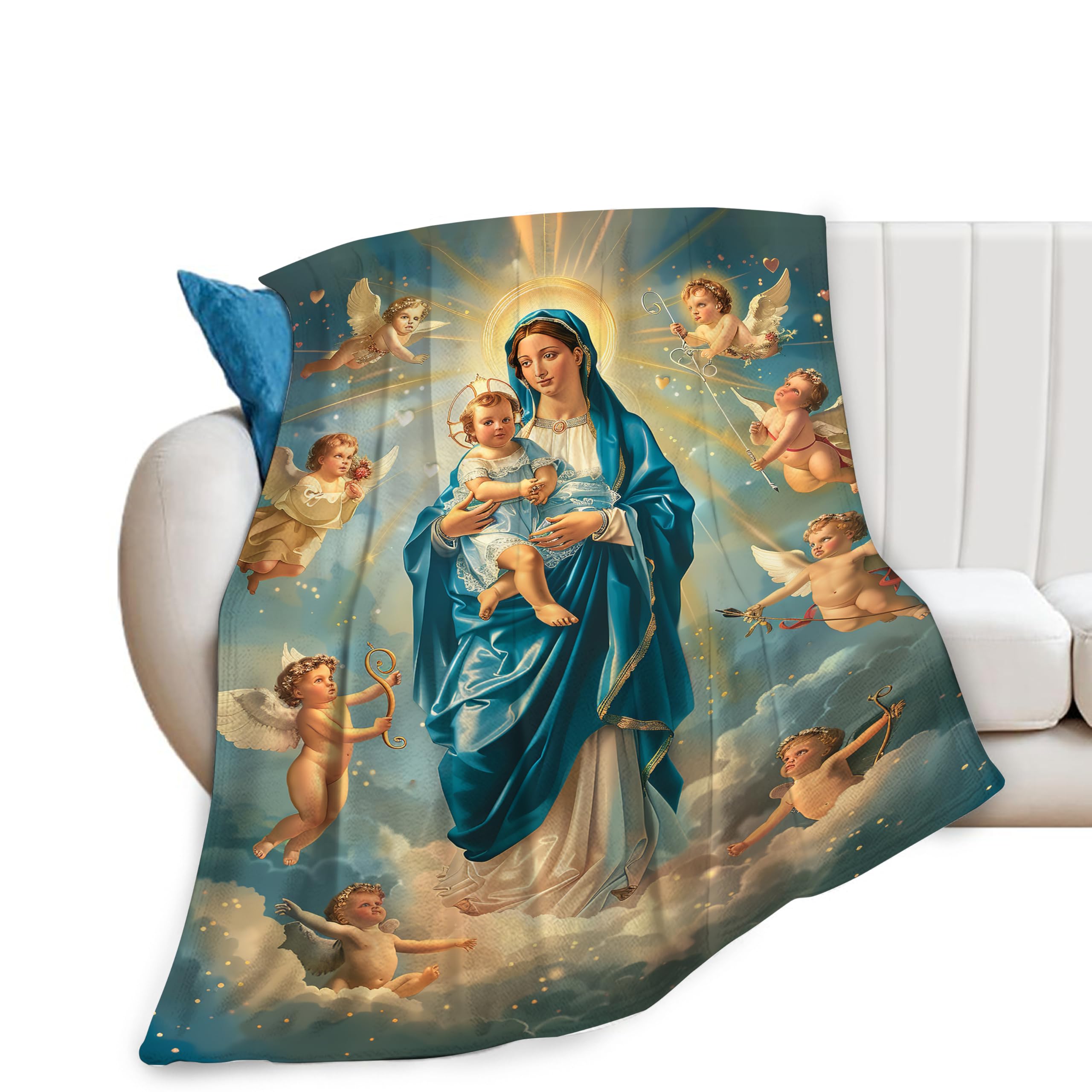 Virgin Mary Blanket for Girls Woman Our Lady of Guadalupe Throw Blanket Christian Stuff Decor Merch Cozy Flannel Soft Warm Plush Lightweight Bedding