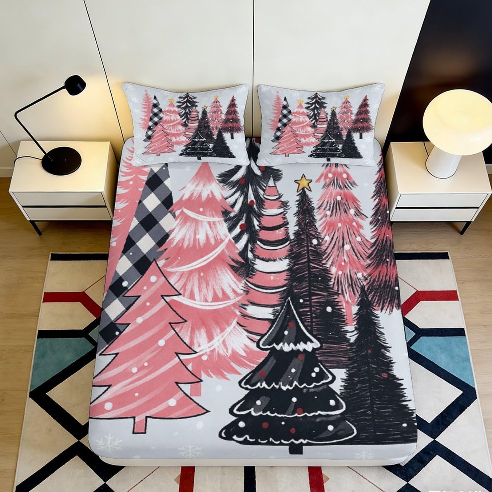 3D Printed Christmas Tree Fitted Sheet Microfiber Deep Pocket Non-Slip Xmas Mattress Fitted Cover Elastic Hem 140x200x25cm