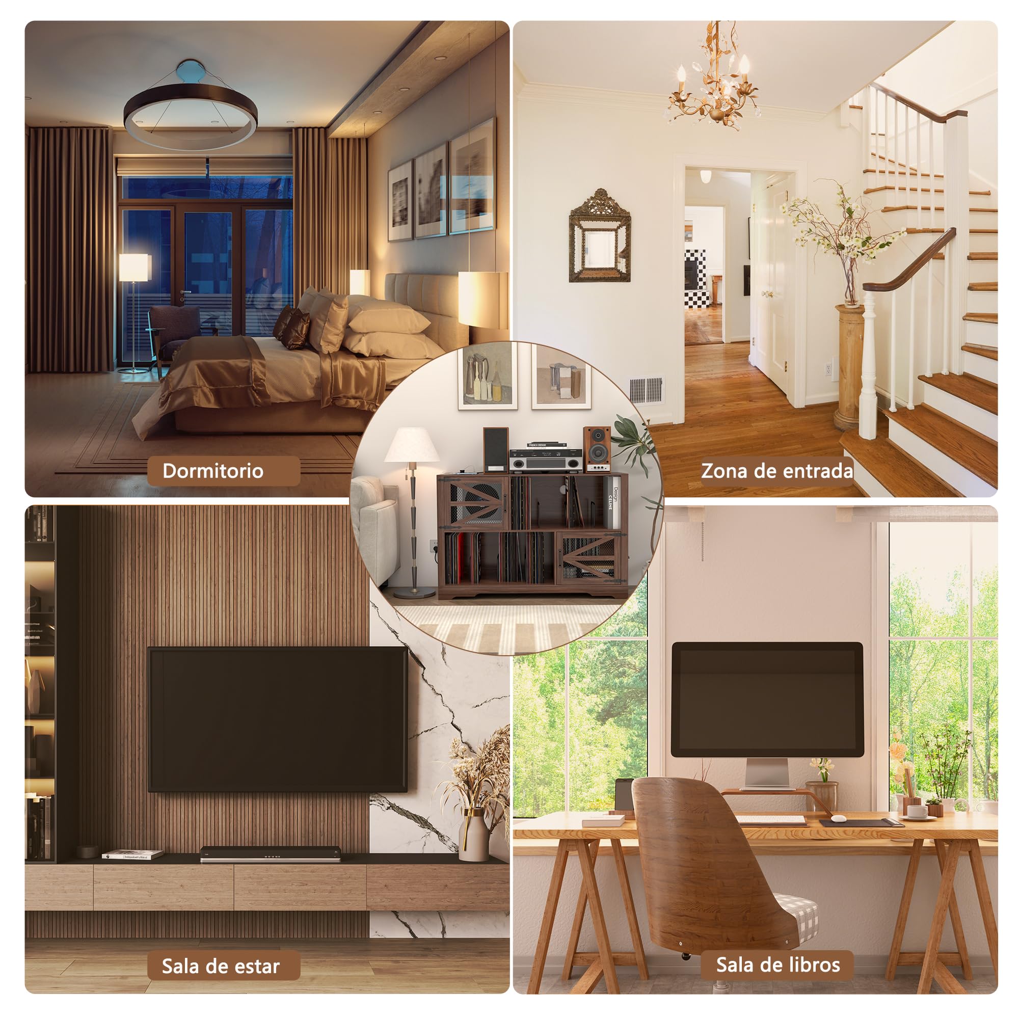 MDF Mueble para Discos de Vinilo con Acabado Nogal,Soporte para 500+ Vinilos, 2 Enchufes & 2 USB, Antivuelco, Mueble Compacto para Salón y Tocadiscos,Color Nogal（120×40×80cm）