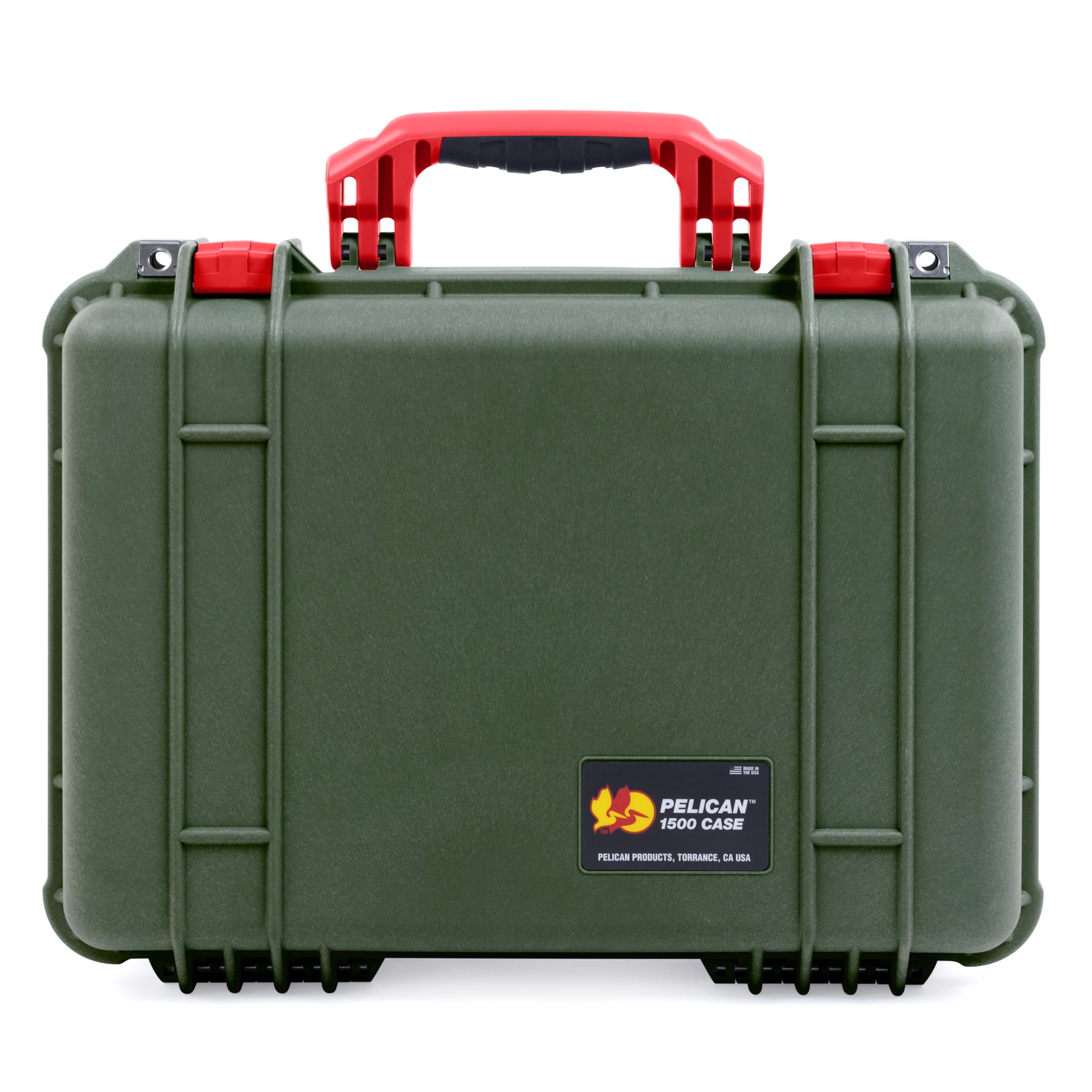 ColorCase Pelican 1500 Case OD Green - Medium Size Waterproof Case with Mesh Lid Organizer Only - Red Handles & Latches