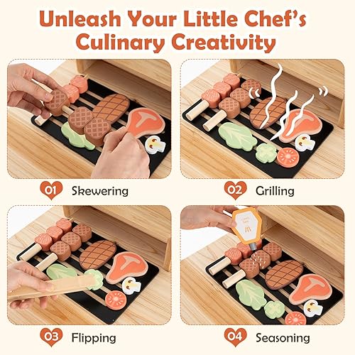 Vista 22 de Costzon Juego de parrilla para niños con ruedas, juego de parrilla de madera para niños con comida de juego, herramientas de parrilla y accesorios