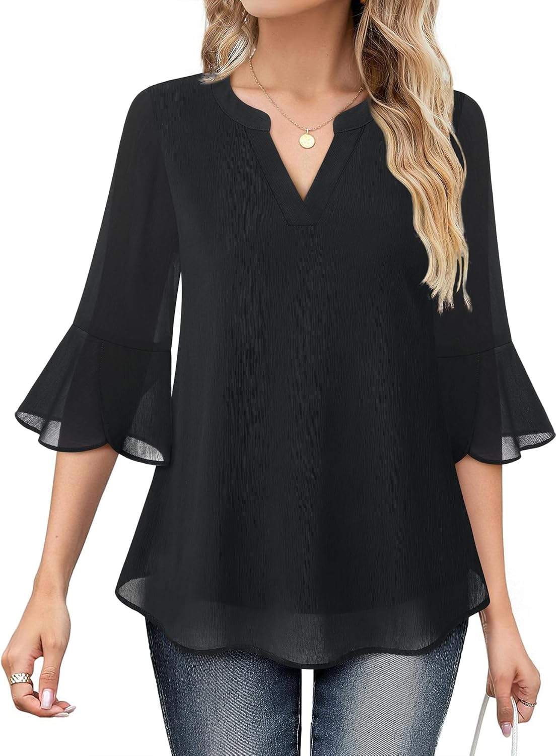 VALOLIA Womens 3/4 Sleeve Tops Dressy Casual Chiffon Blouses Floral Print V-Neck Work Office Shirts - Image 2