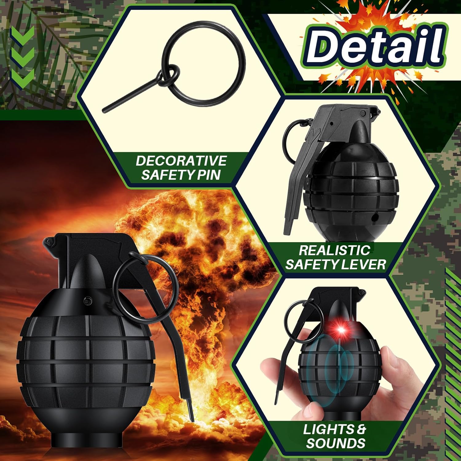 Sratte 4 Pcs Toy Hand Grenades with Realistic Sound Effects and Flashing Light, Plastic Fake Grenades Military for Army Role Play Prop (Black)
