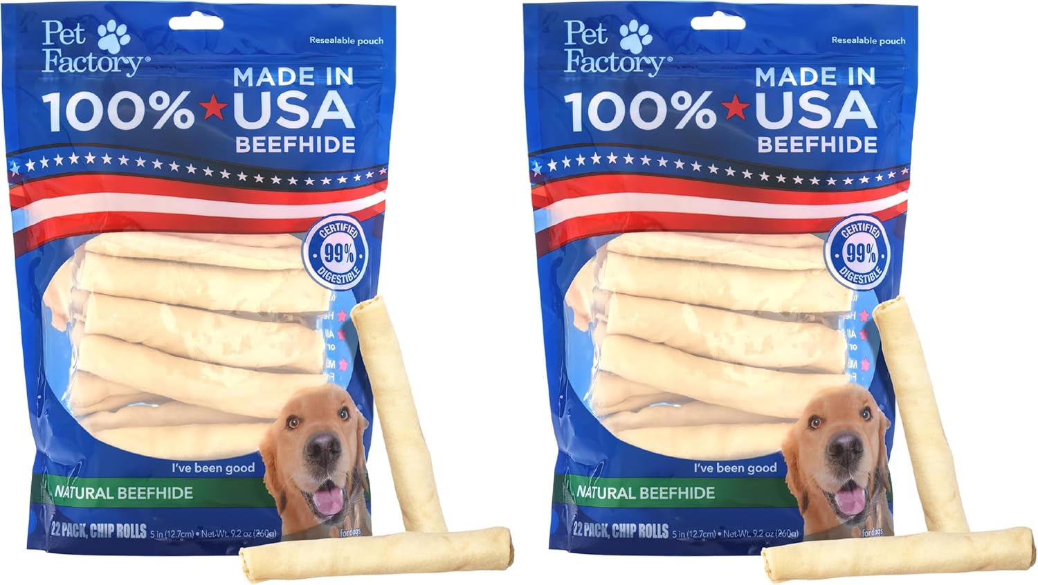 Pet Factory 100% Made in USA Beefhide Chip Rolls Dog Rawhide Chews,Thick,Dog Chews Long Lasting from American Cattle,Dog-Chew Bones,5 Inches,22 Count (Pack of 2)