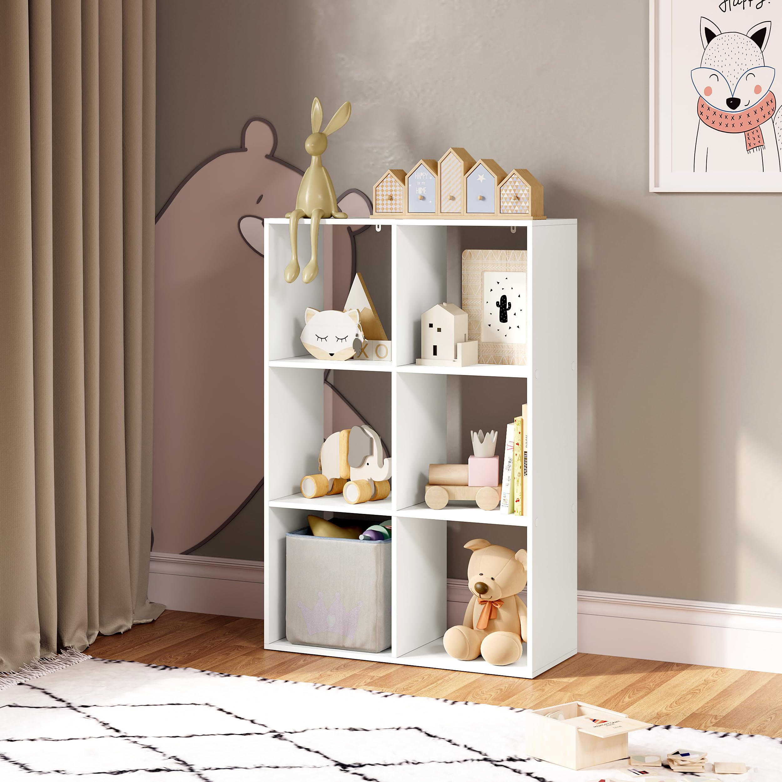 WOLTU Estanteria de Libros de 3 Niveles con 6 Cubos de Almacenamiento | para Salón, Dormitorio y Oficina, 71x29x106 cm, Blanca