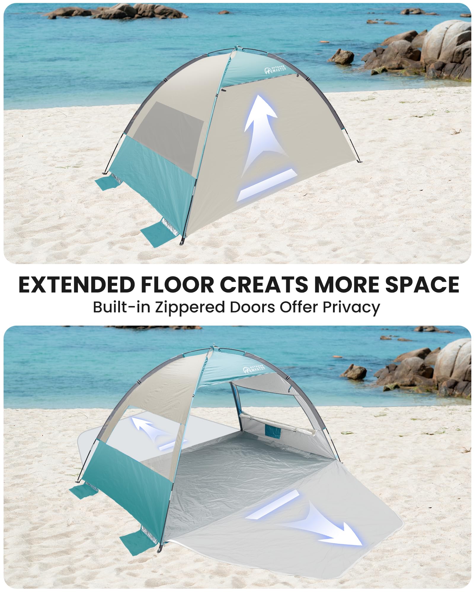 OutdoorMaster Tente de Plage pour 3 Personnes avec 2 Portes, abri Pare-Soleil Facile à Installer, auvent de Plage Portable avec Protection UV UPF 50+, Sol Extensible avec Sac de Transport