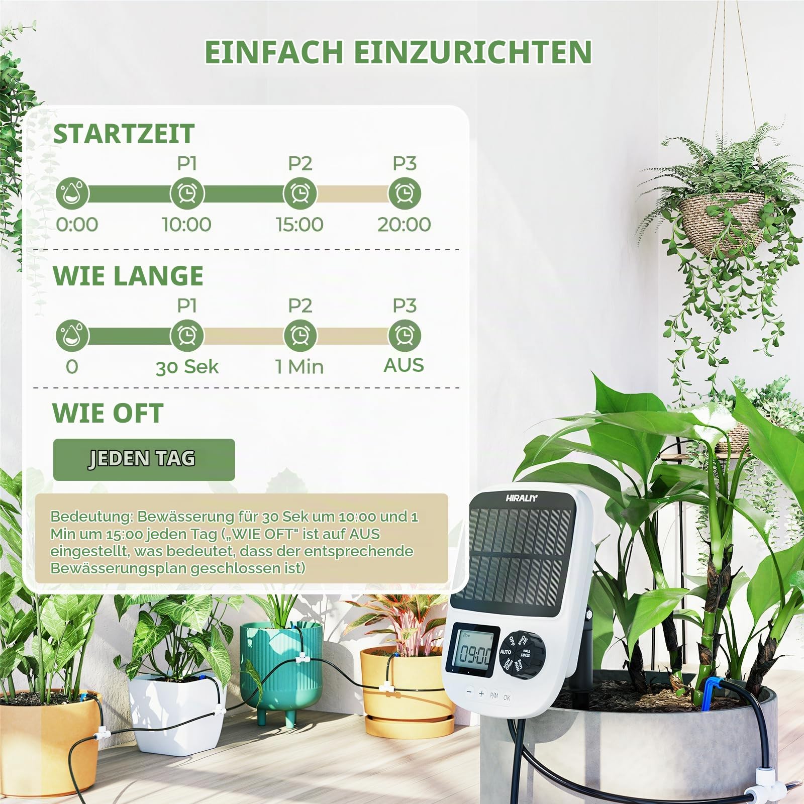 HIRALIY Solarbetriebenes automatisches Tropfbewässerungssystem mit Timer