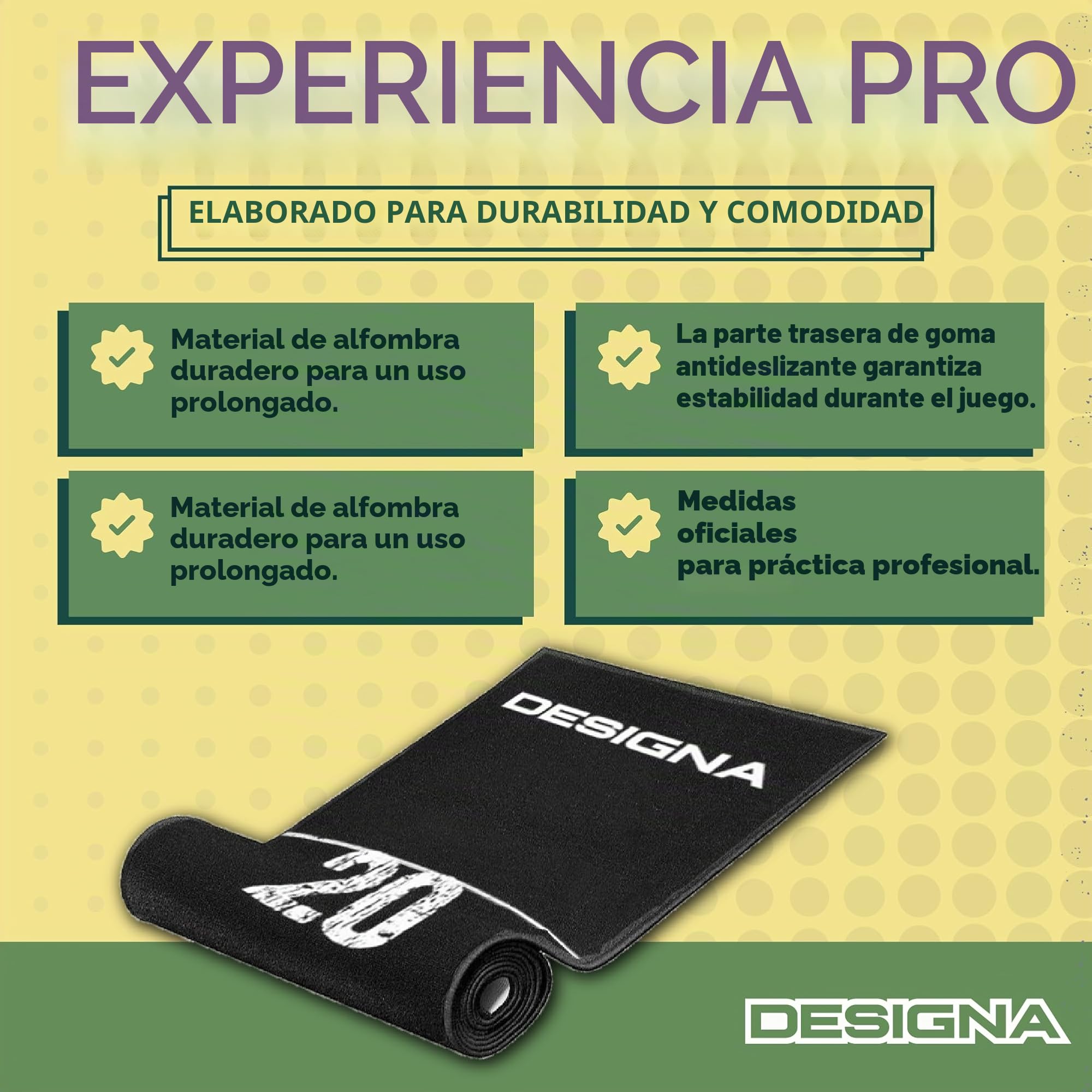 Designa Darts MAT43 | Alfombra Antideslizante para Dardos, Doble Parte Superior, 290 cm x 60 cm