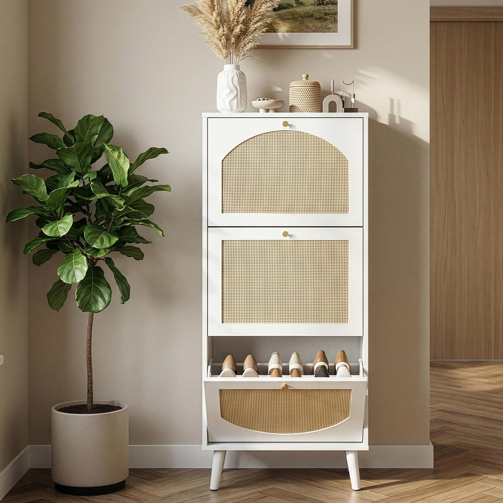 Schuhschrank Schmal, Schuhregal mit 3 Klappen, Schuhkipper Weiß