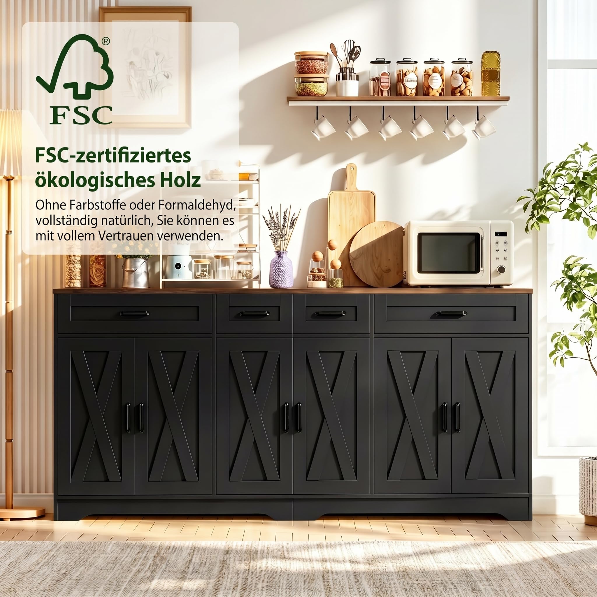 Buffet Cuisine 180 cm, Buffet Salle a Manger avec Multiprises,Noir