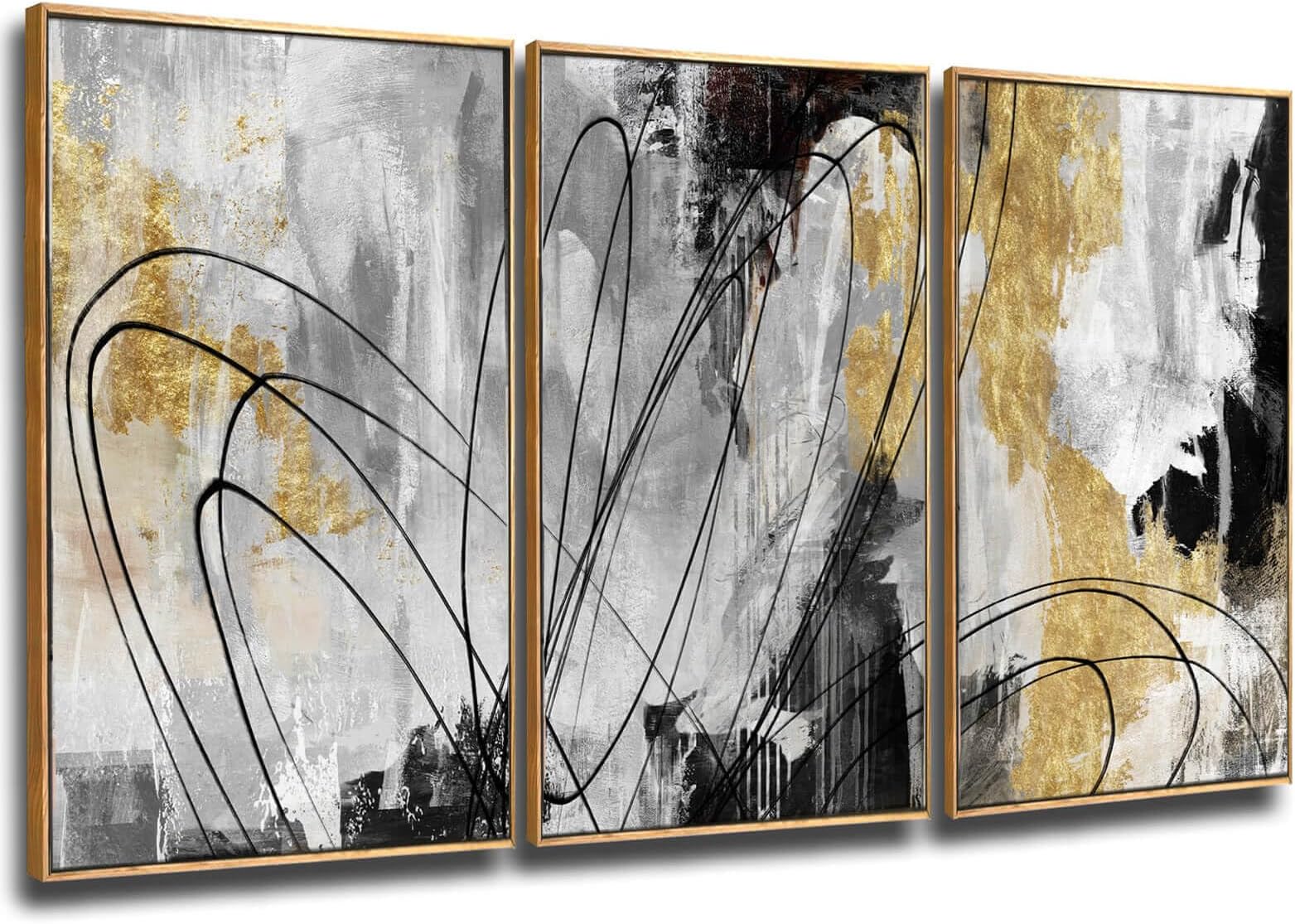 YJYart Gold Wall Art Abstract Wall Art Living Room Decor Black and White Canvas Picture Home Decor Wooden Frame Line Paintings Modern Artwork Office Decor 24"x 36"x 3 Pieces