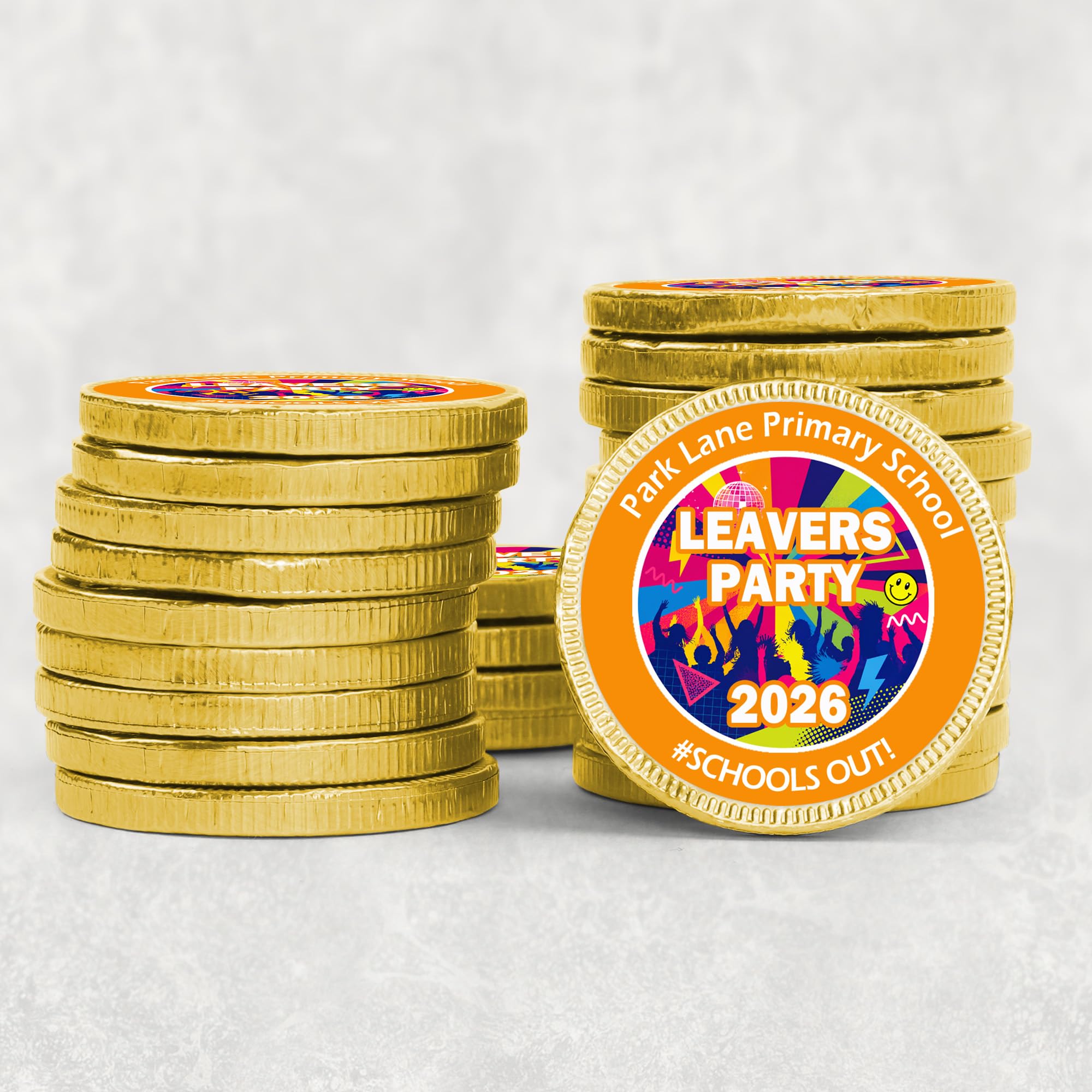 Personalised Class of 26 Leavers Party Stickers – Round Labels for Party Bags, Keepsakes, or Celebration Favours – Memorable Graduation Send-Off - 30 Coins - Orange