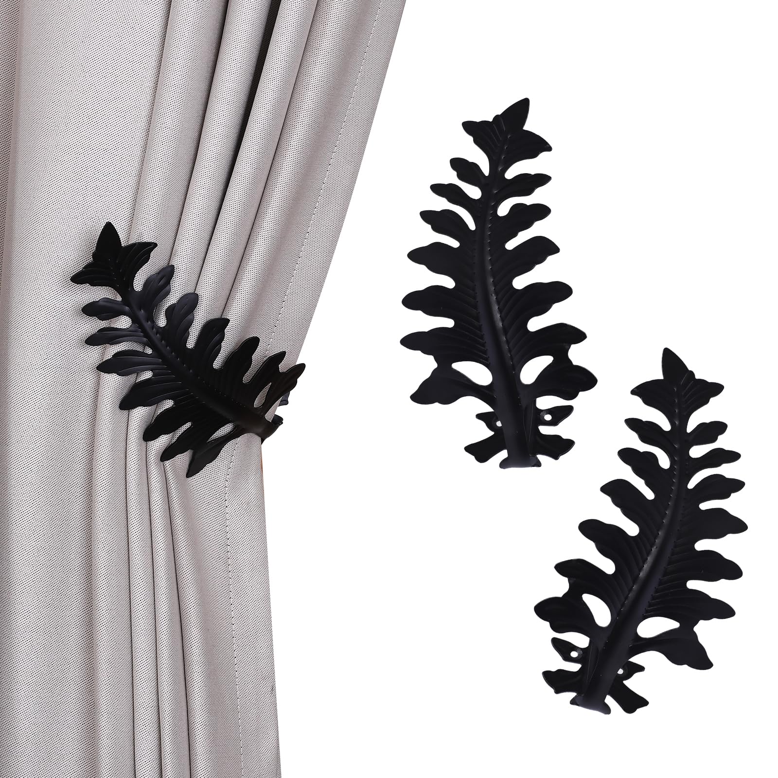 SUQ I OME 1 Pair European Big Leaf Curtain Tiebacks Novelty Fashion Curtain Hook U Shape Wall Hook Simple Modern Curtain Holdbacks (Black)
