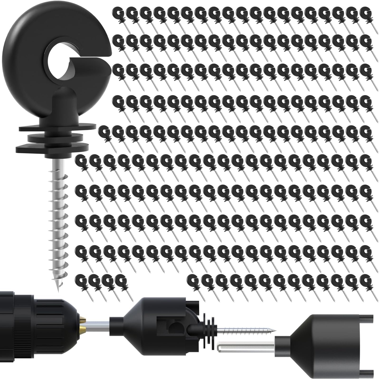 NQN 200 Pcs Black Electric Fence Insulator Screw-in Insulator Fence Ring Post Wood Post Insulator and 2 Pc Free Insulator Socket Tool (Grid System Accessories for Animal Husbandry Electronic)
