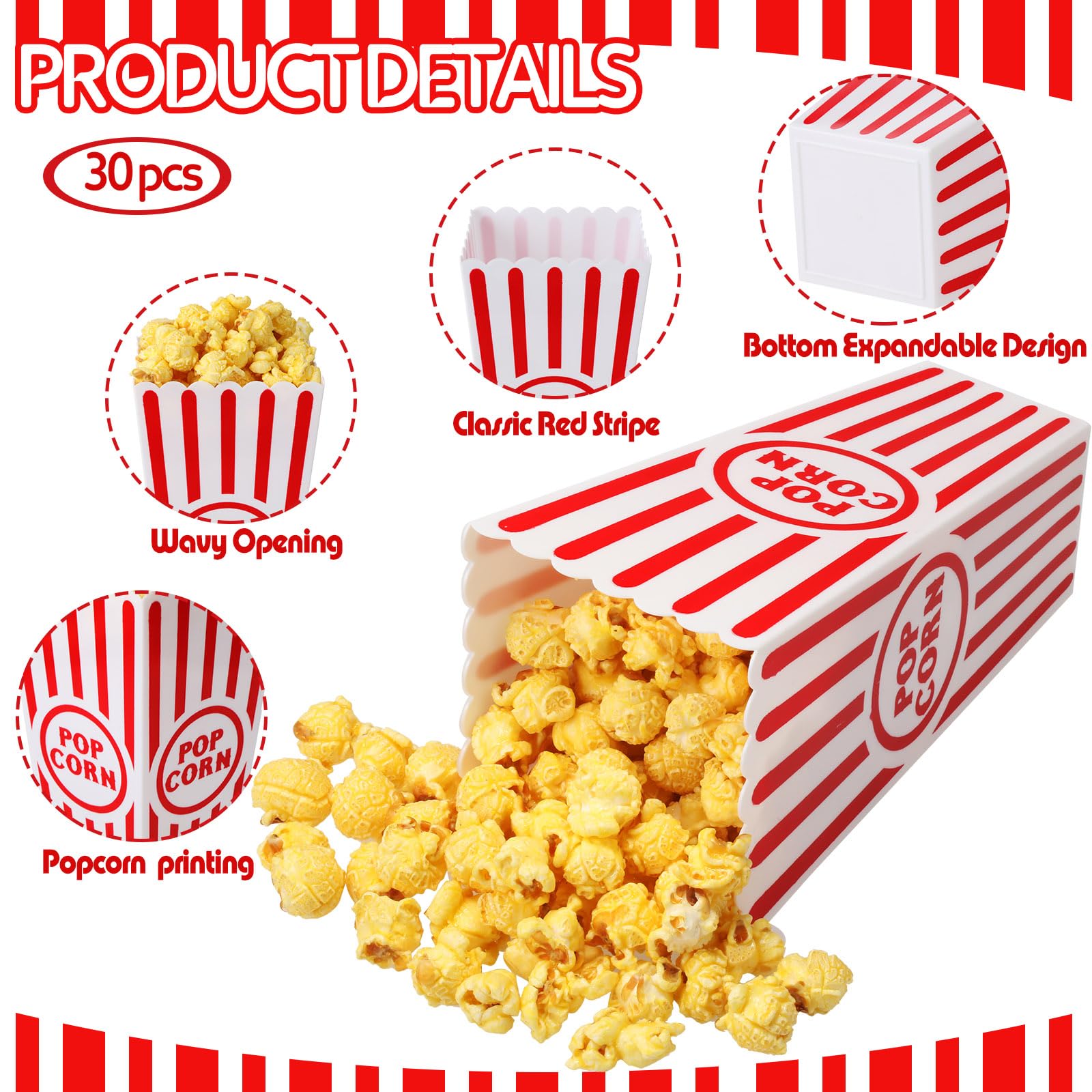 Cajas de plástico reutilizables para palomitas de maíz con parte superior abierta, cubos de palomitas de maíz a rayas rojas y blancas a granel para noche de películas, estilo retro clásico, 7.7 x 3.9