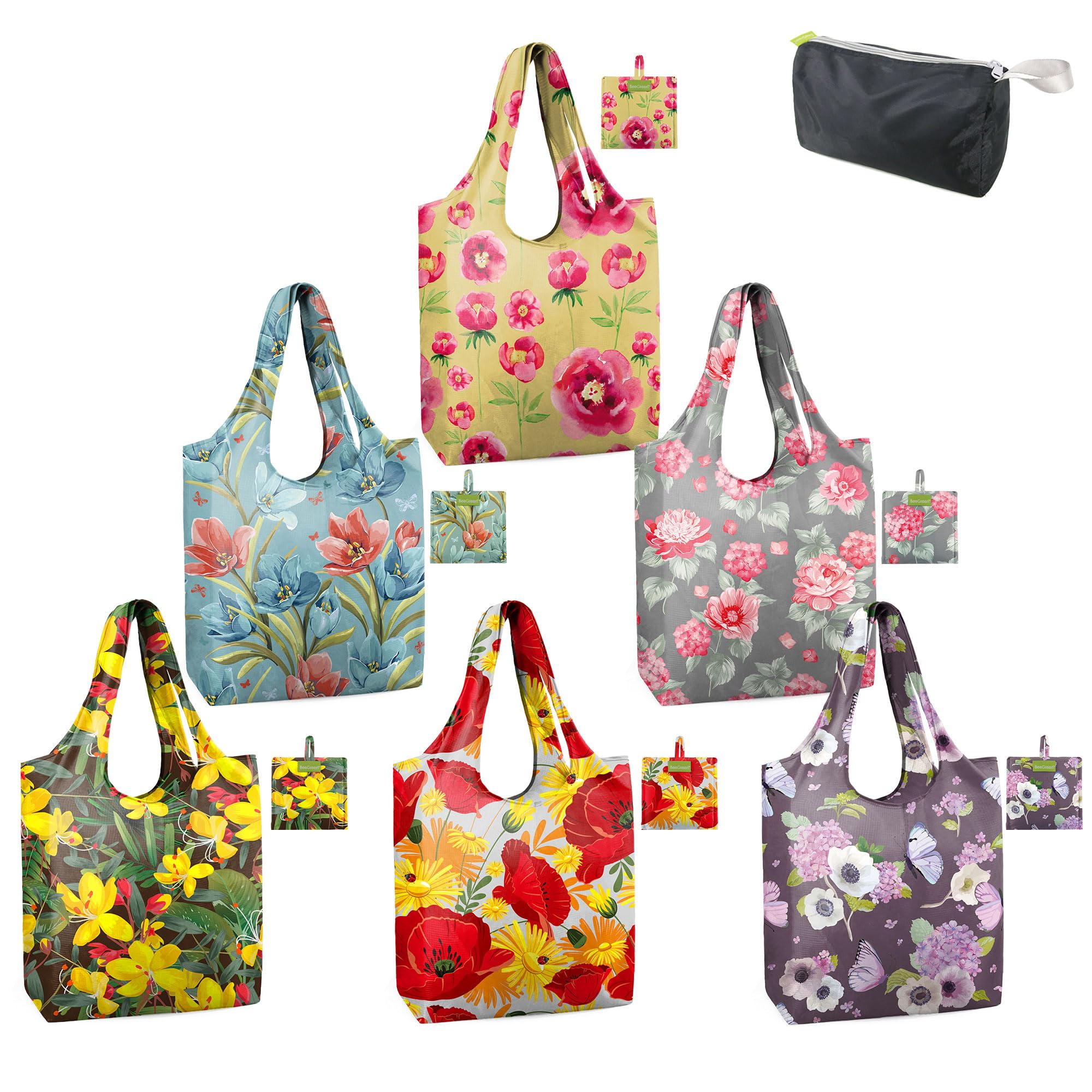 BeeGreen Floral Reusable Grocery Bags Bulk 6 Packs X-Large50LBS, Reusable Shopping Bags Foldable for Groceries, Vegetables, Fruits Bulk Tote Bags