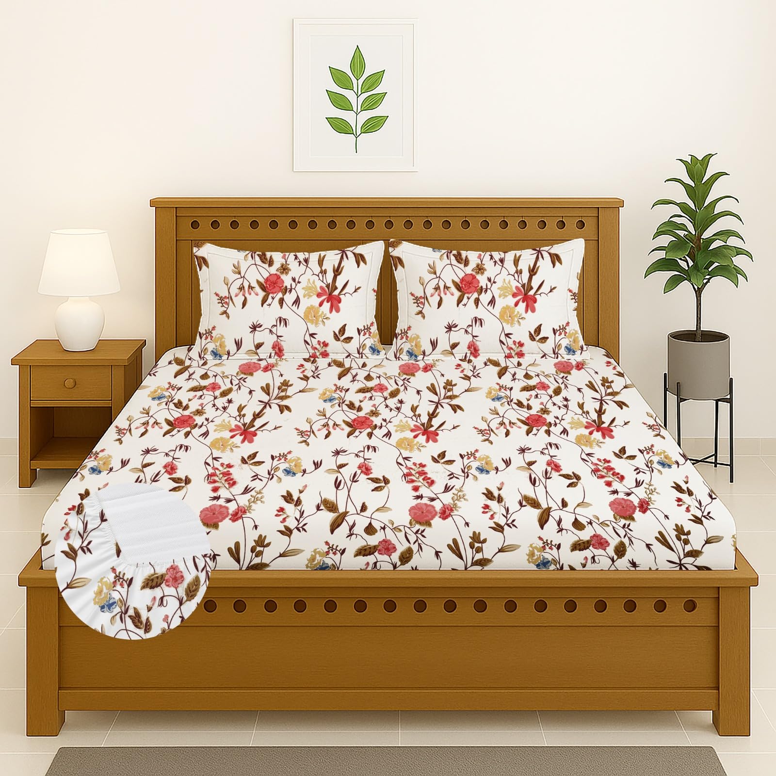 Cotton Elastic Fitted Bedsheets with 2 King Size Pillow Covers | Double Bed with All Around Elastic 220 TC Supersoft |Size-72 King Sizex78+10 inches Floral White & Pink-image-48