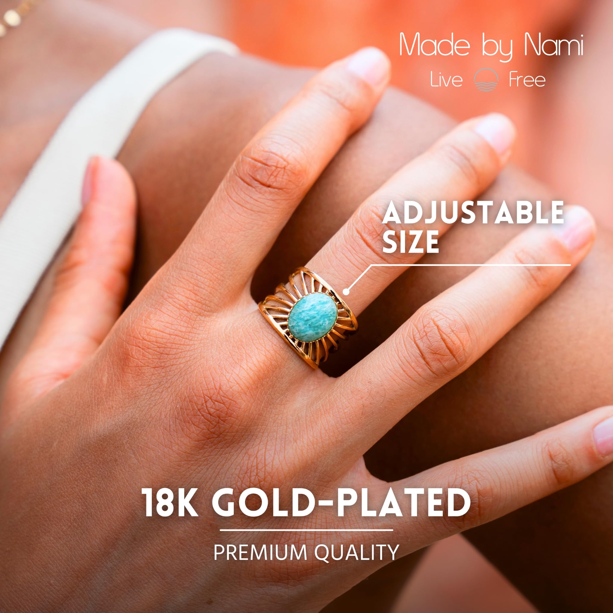 Made by Nami Boho Ring Gold Damen mit Edelstein Ring Verstellbar aus Chirurgischem Edelstahl Geschenke für Frauen Wasserfester Schmuck Hypoallergen