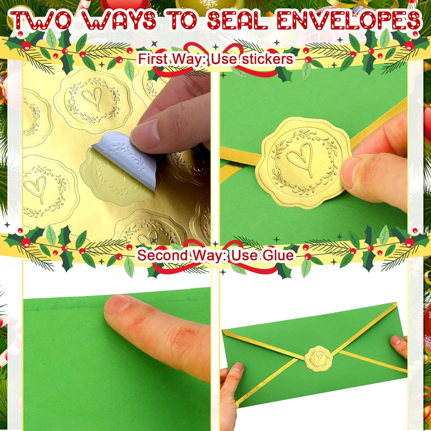 Watersay 100 Set Christmas Cards with Envelopes Stickers Bulk #10 Gift Red Green Holiday Envelopes with Gold Snowflake Foil Greeting Card Stickers for Xmas Festival Party Supplies