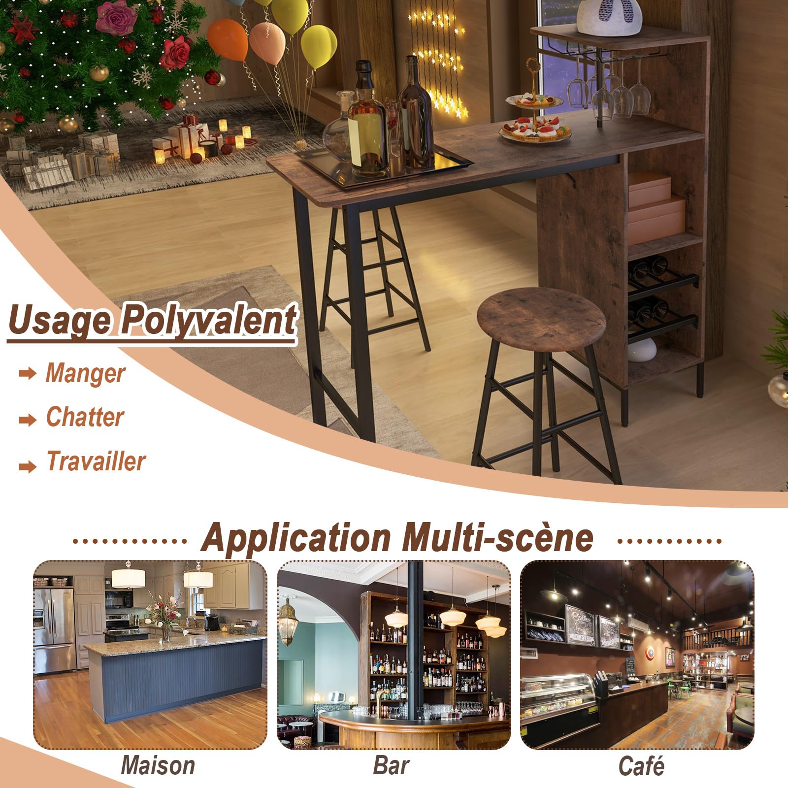 GOPLUS Ensemble Table de Bar et Tabourets 3 Pièces,Table Bistro avec Porte-Verres et Étagères, Table de Comptoir de Cuisine avec 2 Tabourets pour Maison, Salle à Manger, Restaurant, Bar (Café)