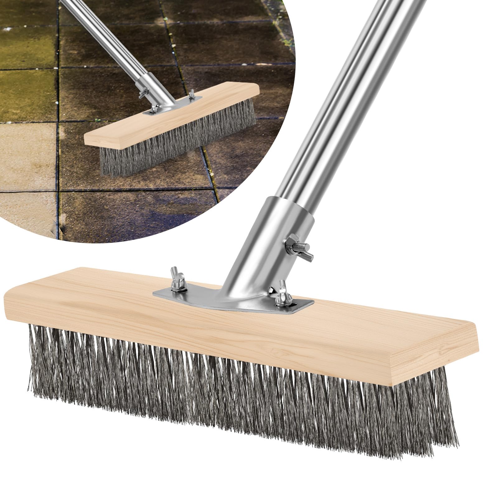 Cepillo de acero inoxidable con mango ajustable, limpiador de cerdas rígidas resistente para superficies rugosas, eliminación de musgo y manchas resistentes en hormigón, lechada, patio, garaje y