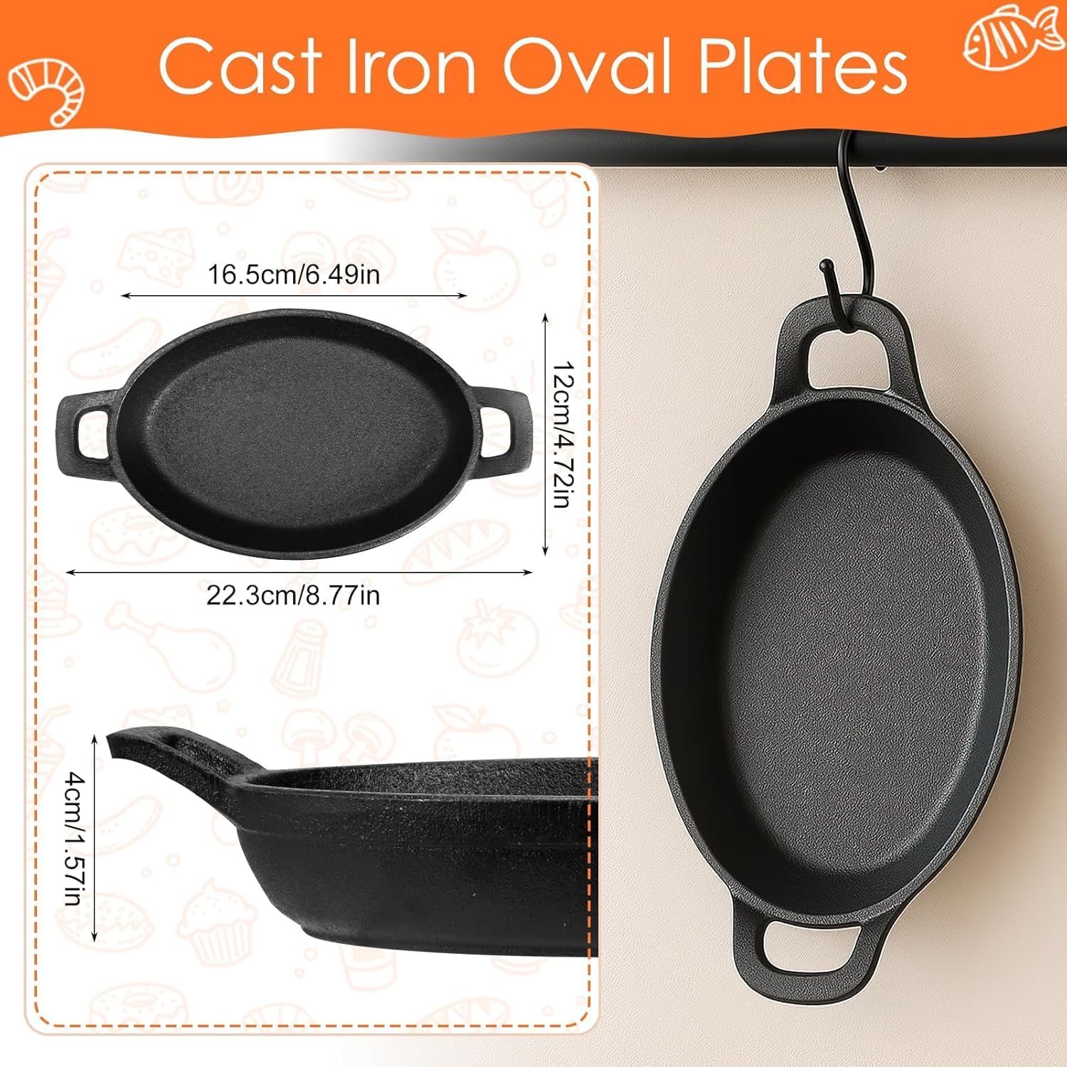 6 Pack Mini Cast Iron Skillet, Small Cast Iron Frying Pan Black Casserole Dish Cookware Set Oval Serving Sizzling Plate with Handles for Restaurant, Barbecue, Picnic, 4.7 x 8.8 Inch
