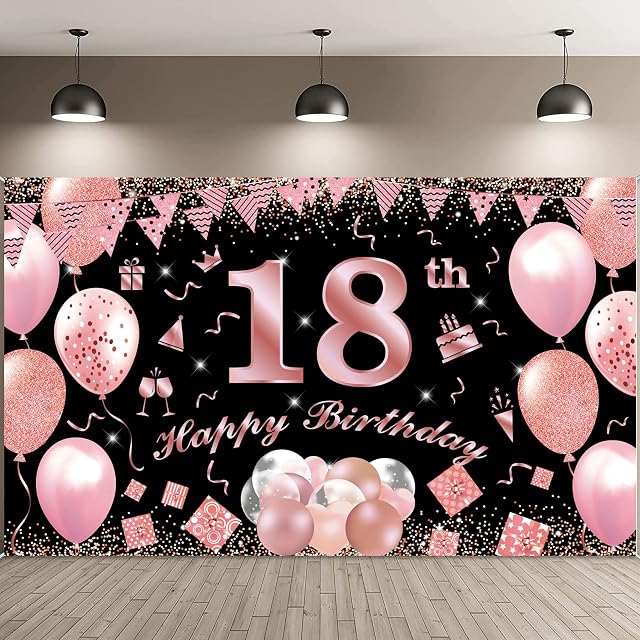 Adisno 18th Birthday Background Banner, 18th Birthday Sign Poster Photography Background, Black and Rose Gold Extra Large Fabric Banner for 18th Birthday for Anniversary Table Wall Party Supplies