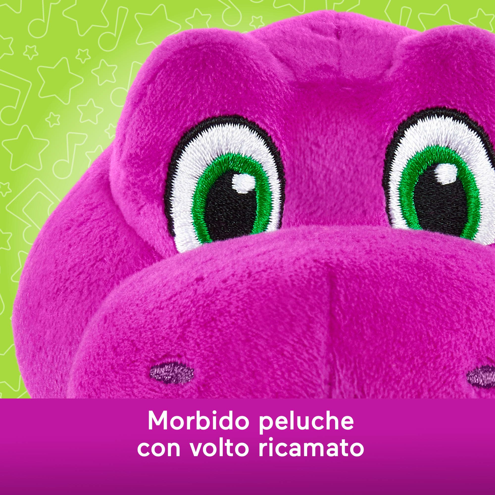 Fisher-Price Il Mondo di Barney - Barney, dinosauro peluche alto 16+ cm in morbido tessuto viola e simpatico volto ricamato, lavabile in lavatrice, giocattolo per bambini, 2+ anni, HVF40 - 4