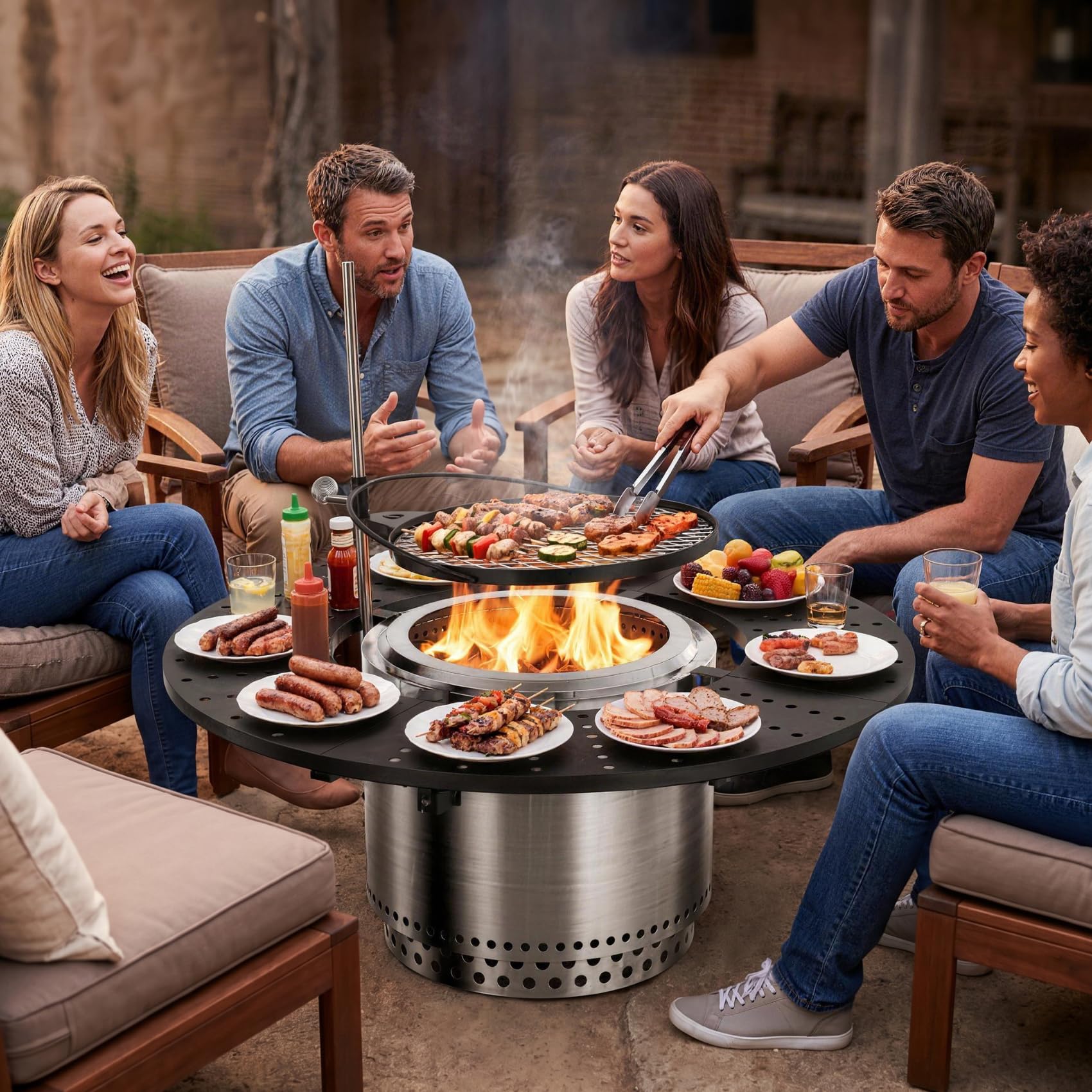onlyfire 3-in-1 Feuerstelle Surround Tischplatte für Solo Stove Bonfire 49,5cm, Höhenverstellbar & 360° Schwenkbar, Abnehmbar Runde Feuerstellentisch mit Grillrost & Pfanne für Getränke und Speisen