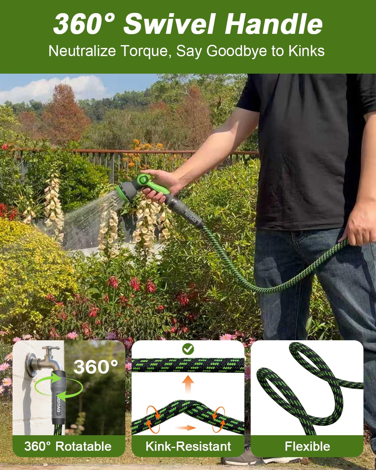 Garden Hose, Flexible Ultra Lightweight Durable, Kink-Free Water Hose with 10 Function Sprayer - Non-Shrinking, Easy to Store, All-Weather, High-Pressure (100 FT) — view 4