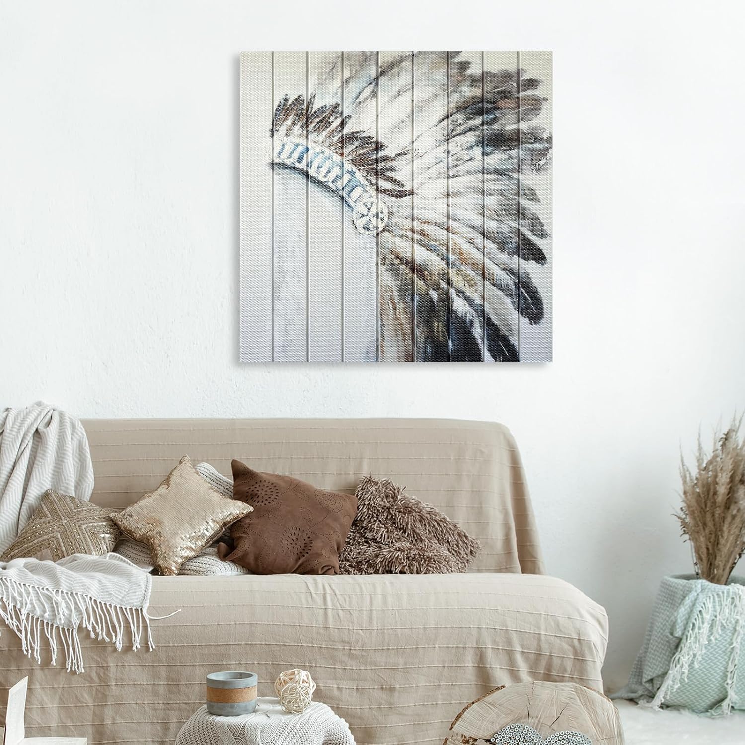 llribbons Feather Headdress Ribbon Wall Art Boho Wall Decor Handmade Ribbon Canvas Painting Modern 3D Woven Unique Textured Prints for Living Room Bedroom Bathroom Office Kitchen Home Decor 20" x 20"