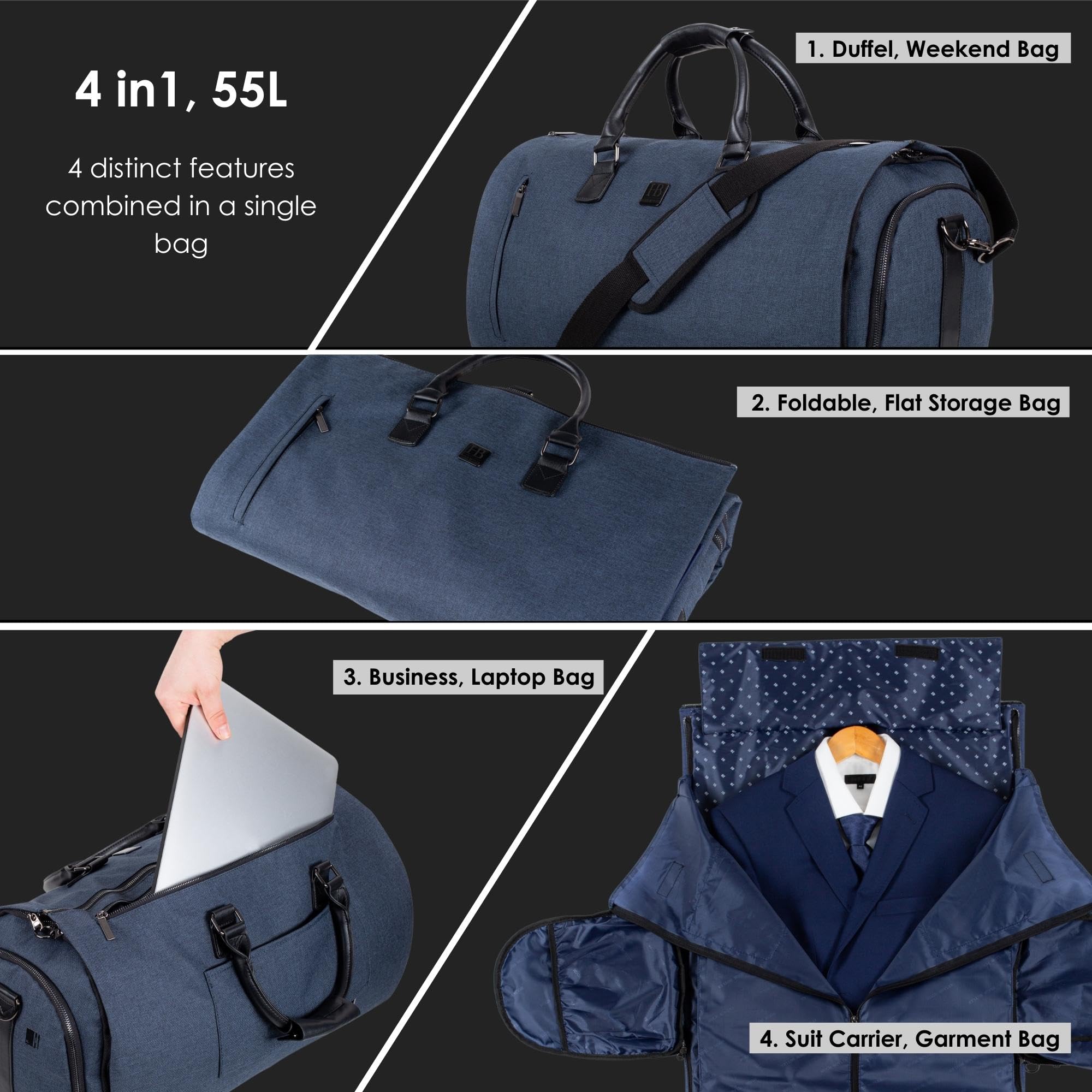 Weekender Herren - Kleidersack Reisetasche - 4in1 - Anzugtasche - für Kleidung, Laptop, Schuhe, Kulturbeutel