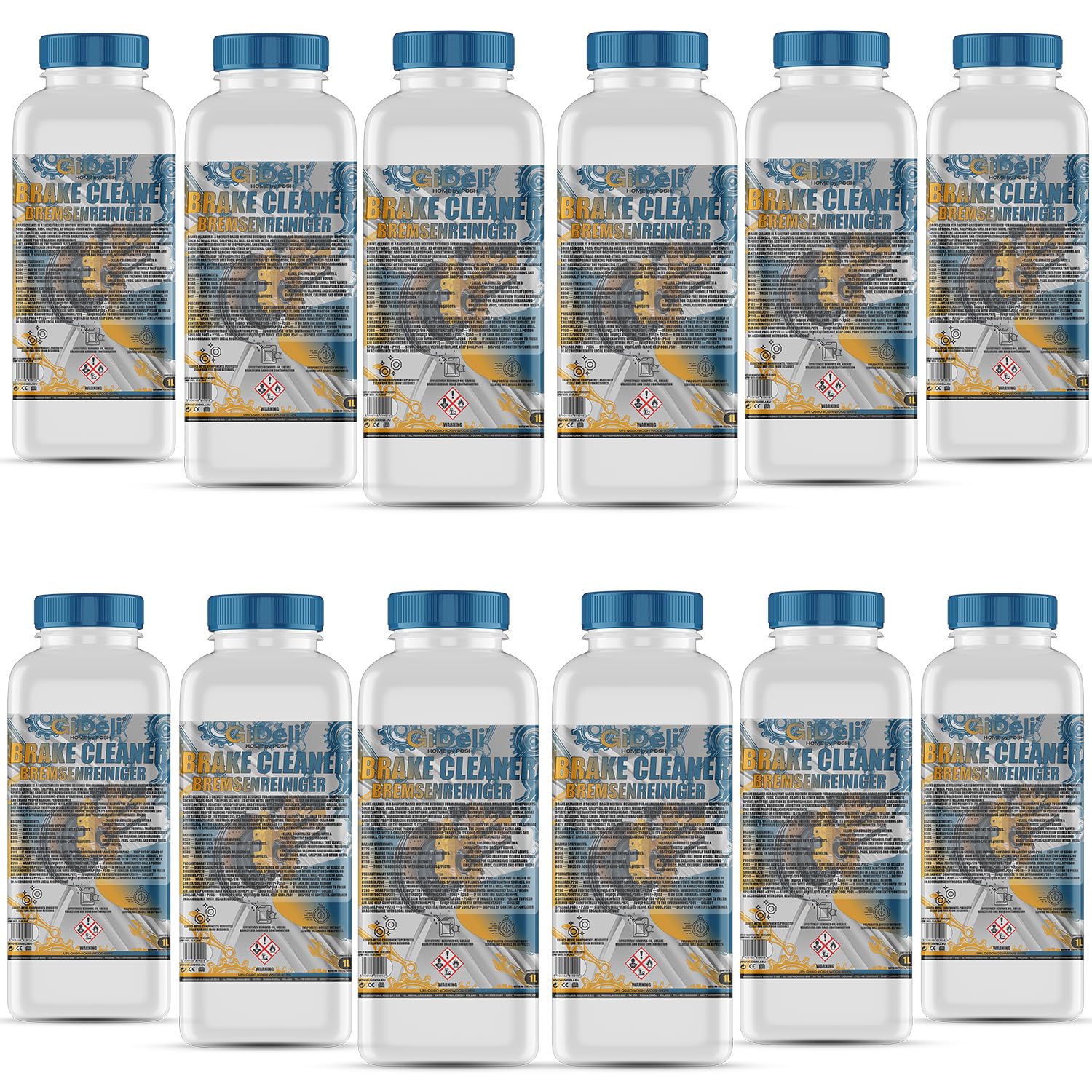 GiDeli Nettoyant pour freins 12 x 1 l – Pour voiture, moto et vélo – Élimine l'huile, la graisse, la poussière de frein, les résidus de colle – Dégraissant d'atelier, séchage rapide, sans résidus