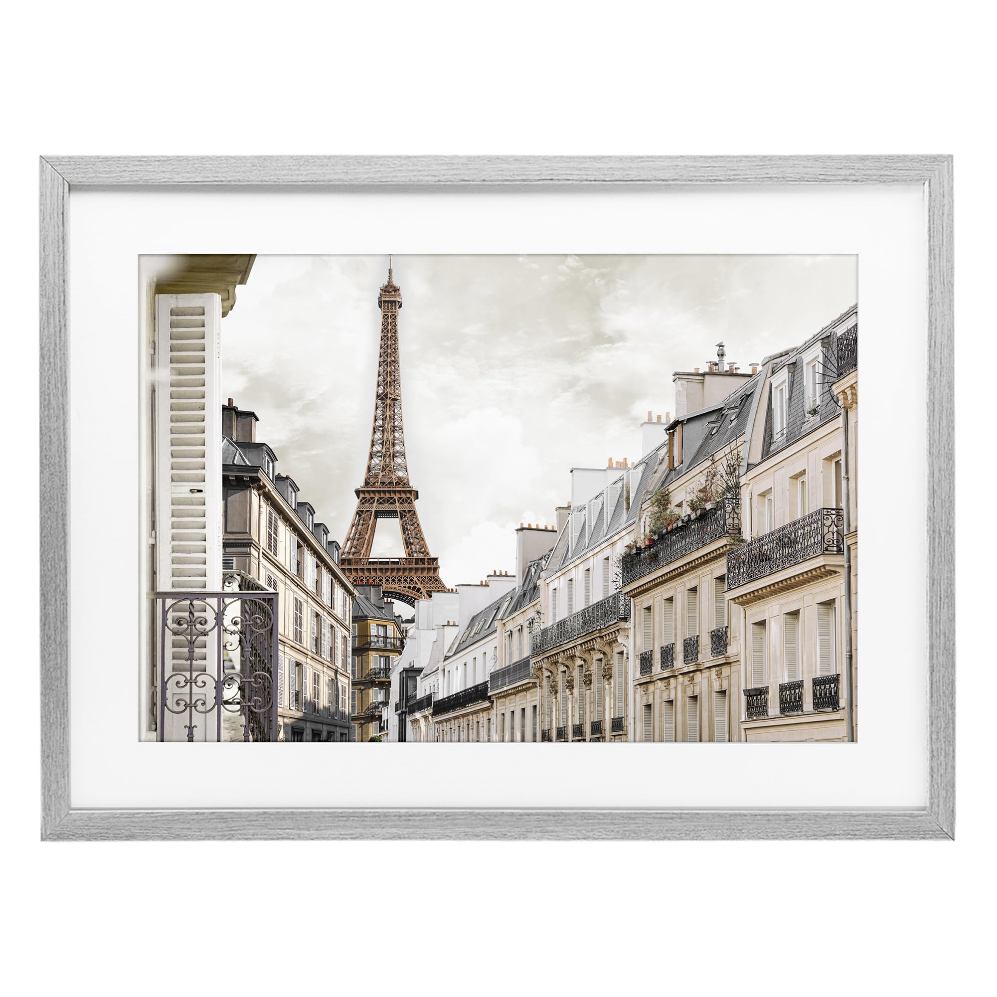 'Eiffel Tower Through Parisian Balconies'| Framed Print Under Glass