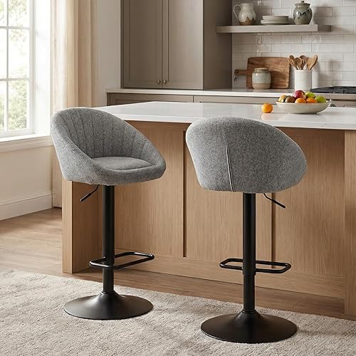 CIMOTA Juego de 2 taburetes de bar giratorios de tela de rizo gris moderna, altura de asiento ajustable de 25-33 pulgadas, asiento acolchado, marco