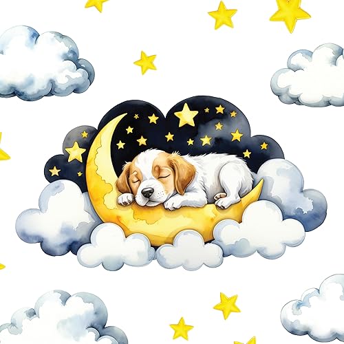Miniatura 11 de Calcomanía de pared extraíble – Oso de peluche dormido en nube con luna y estrellas | Juego de calcomanías de tela grande para guardería o