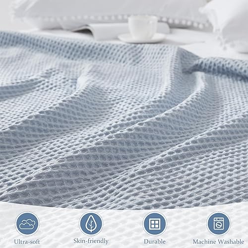 Miniatura 3 de GRT Manta de tejido gofre tamaño King para cama, manta suave, ligera y acogedora para todas las estaciones, manta de gofre azul para sofá, cama,