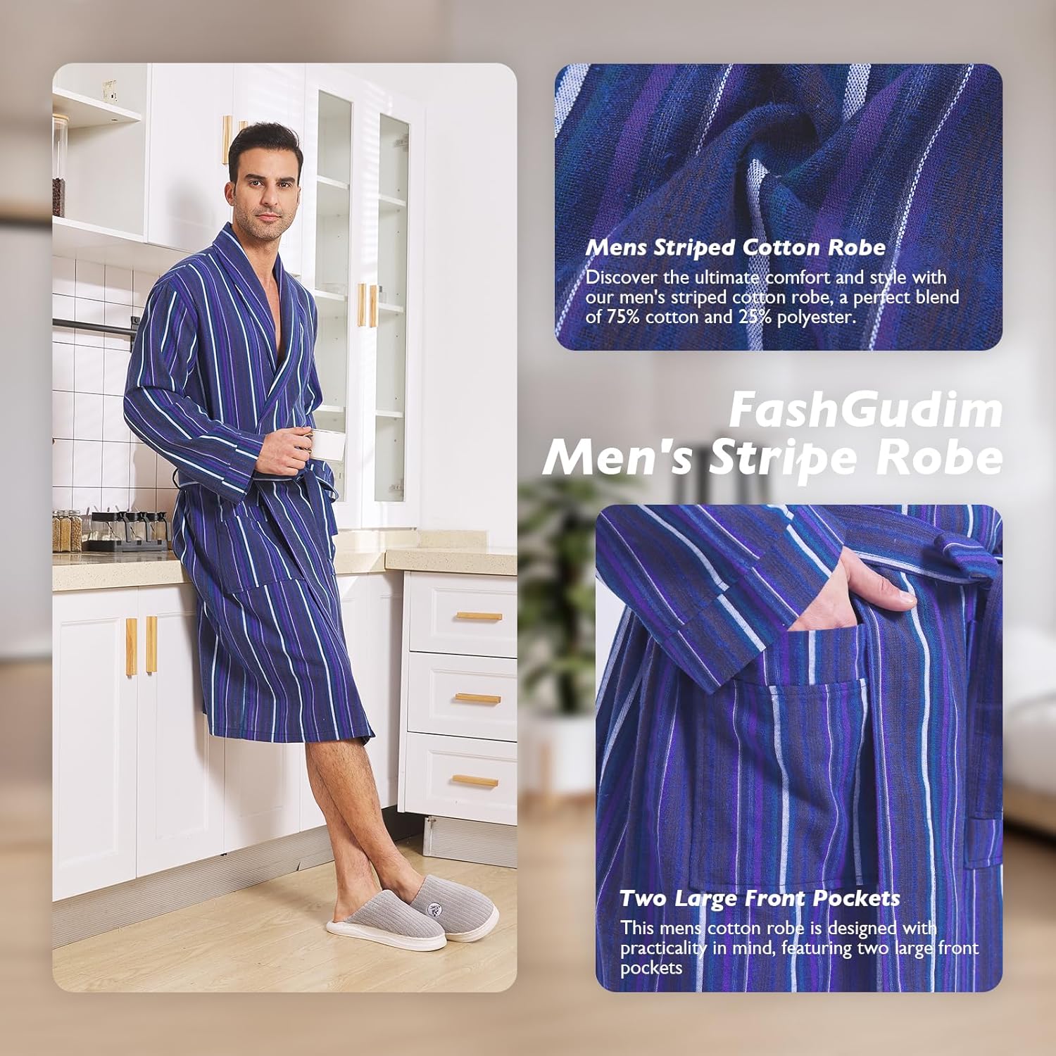 FashGudim Mens Buffalo Plaid Cotton Robe Lightweight Bathrobe Shawl Collar Kimono Sleepwear Loungewear House Robes