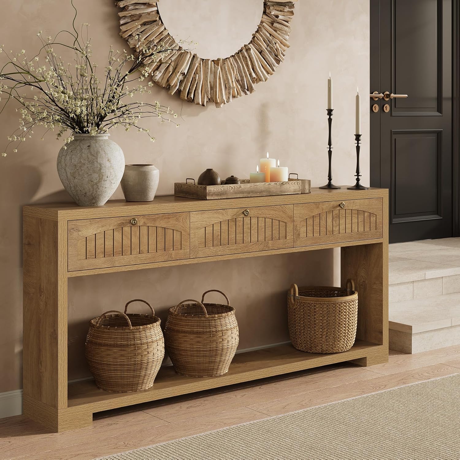 LITTLE TREE 70-Inch Console Table with 3 Drawers, Farmhouse Narrow Long Entryway Table for Behind Couch, Hallway, Sofa, Entry, Entrance, Living Room, Foyer with 2-Tier Open Shelves, Light Brown