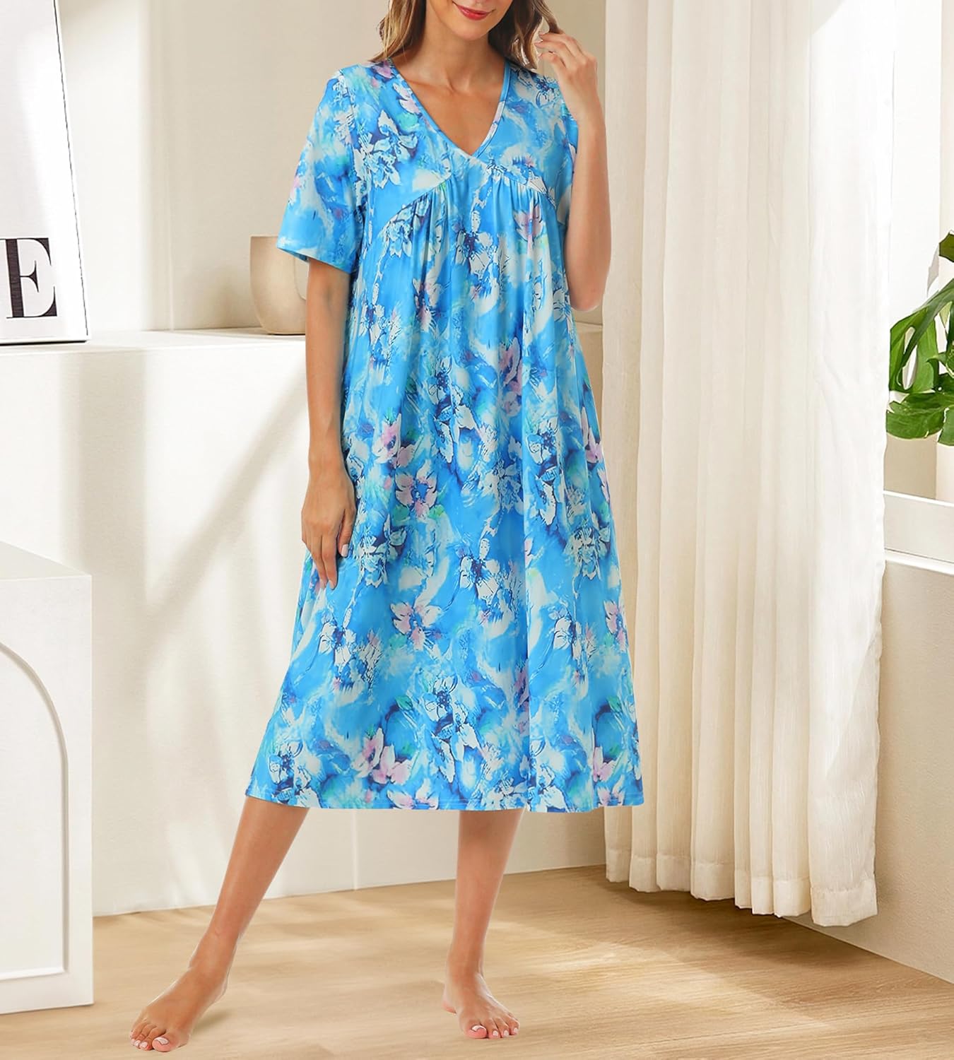 Nightgowns for Women Soft Short Sleeve Sleepshirt House Dress with Pockets Pleated Moo Moo Mumu Nightshirt Loungewear - Image 2