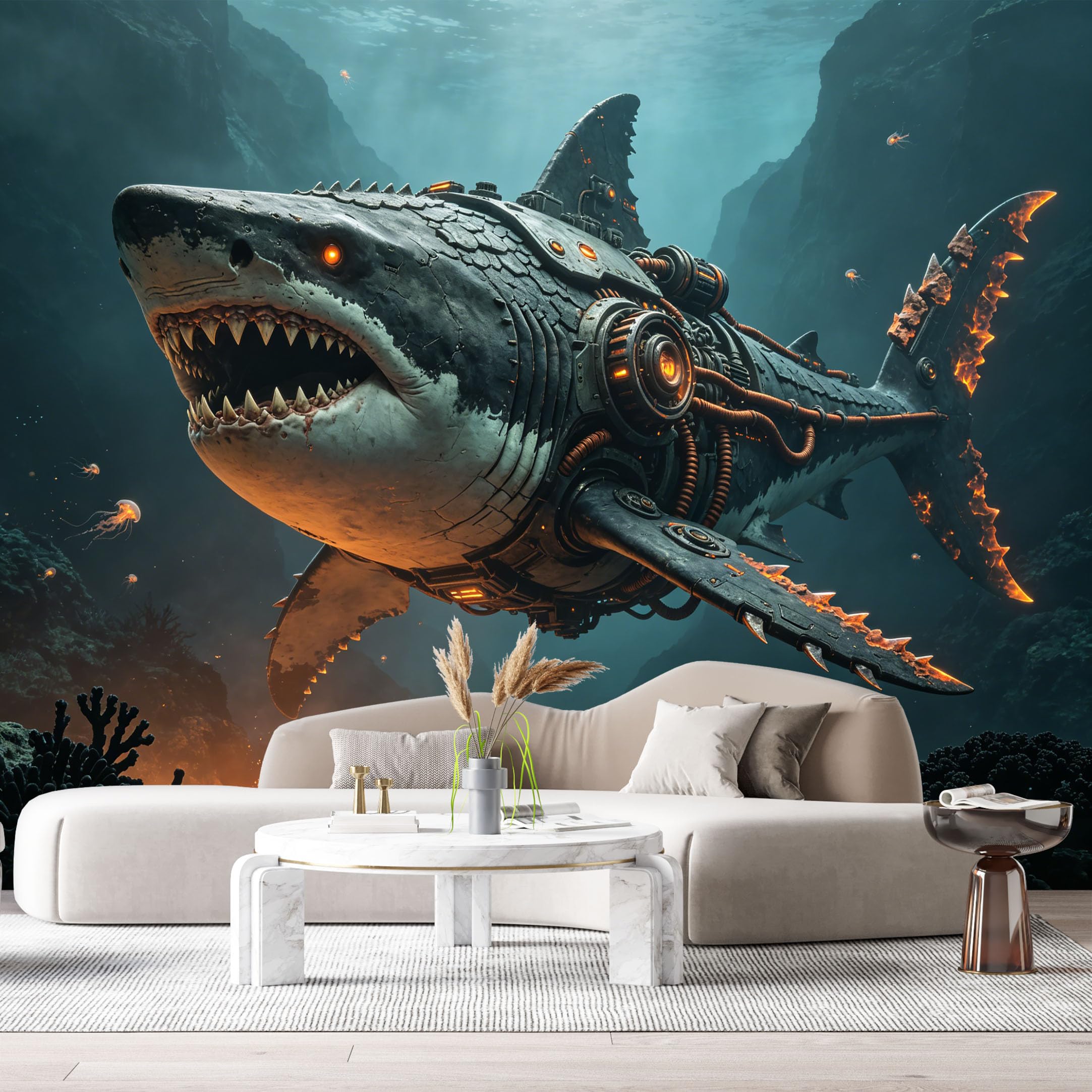 Custom Size Wall Mural Mechanical Aquatic Predator SciFi Ocean Mech Futuristic Underwater Machine SelfAdhesive Art Prints Removable Large Wallpaper Esports Room Game Room Tenant Room Studio