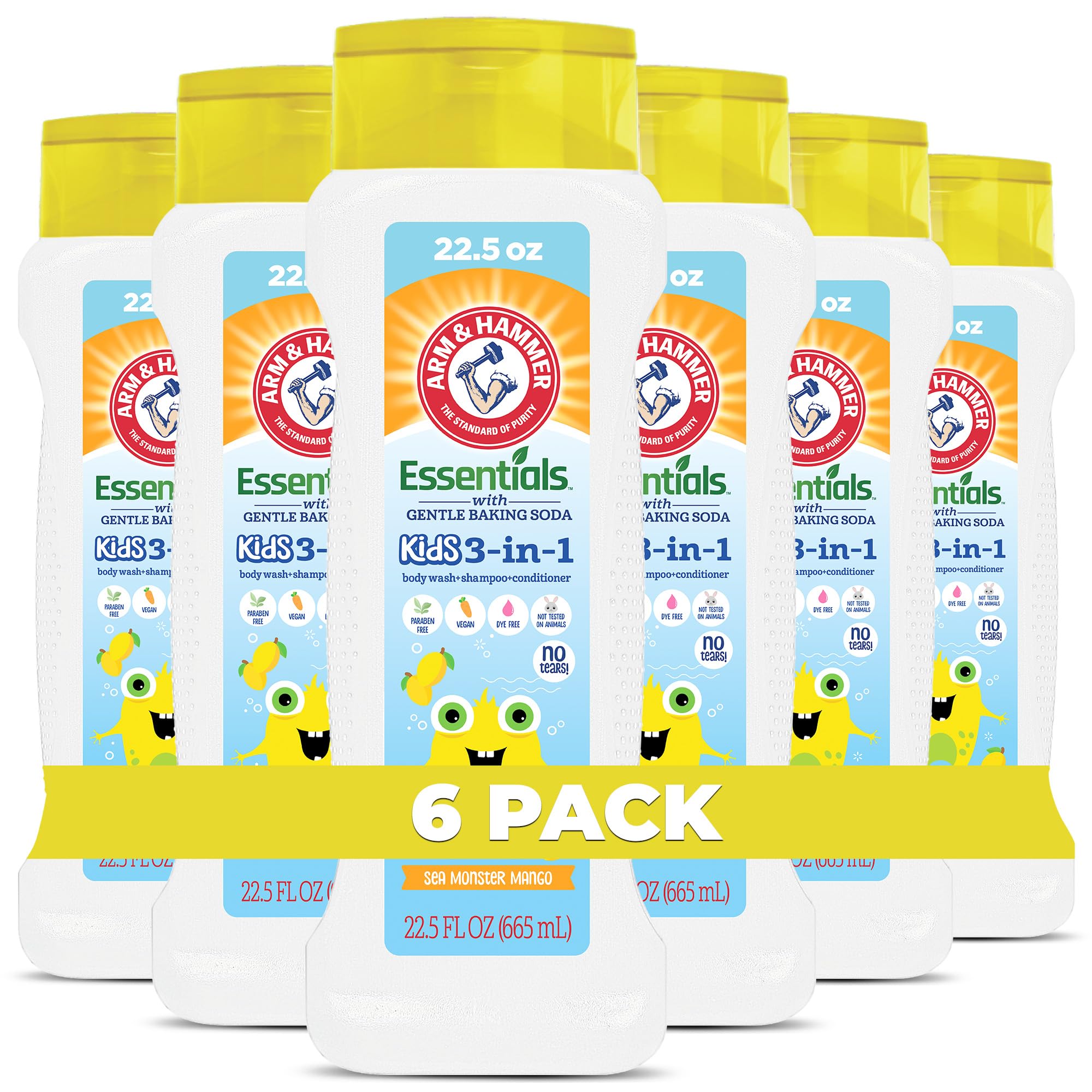 Arm & Hammer 6 Pack Essentials Kids Body Wash - 3-in-1 Sea Monster Mango 22.5oz - Non Toxic Kids Shampoo and Body Wash And Conditioner