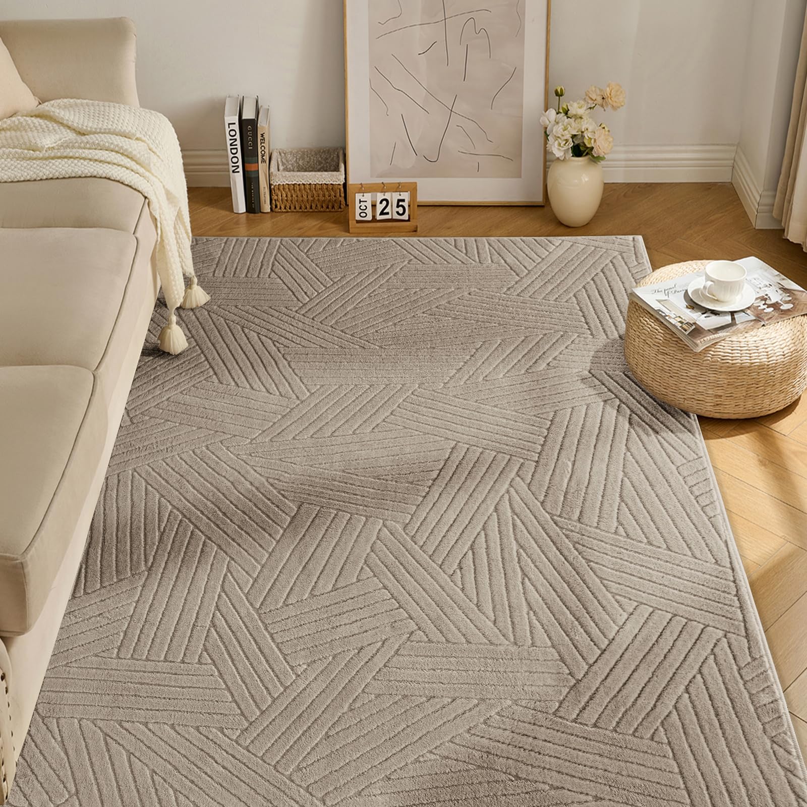 Ceneco Taupe Non Slip Bedside Rug 80x150cm LowPile Washable Mat for Indoor