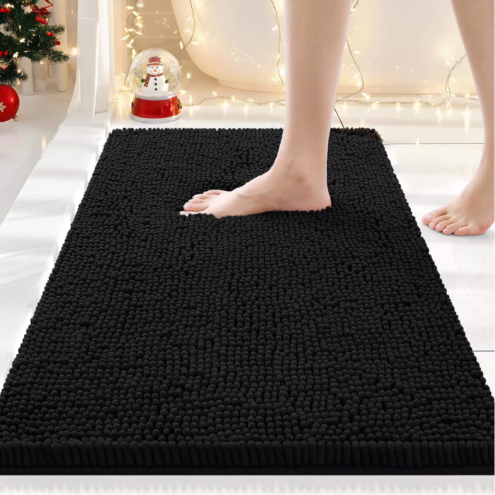 Smiry Luxury Chenille Bathroom Rugs 30x20, Extra Soft and Absorbent Shaggy Bath Mat, Machine Washable, Non-Slip Plush Carpet Runner for Tub, Shower, and Floor, Home Decor Accessories, BlackOEKO-TEX STANDARD 100