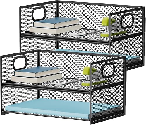 Miniatura 7 de Marbrasse Bandeja organizadora de papel de 2 niveles, organizador de archivos de malla con asa, organizador de escritorio clasificador de papel para