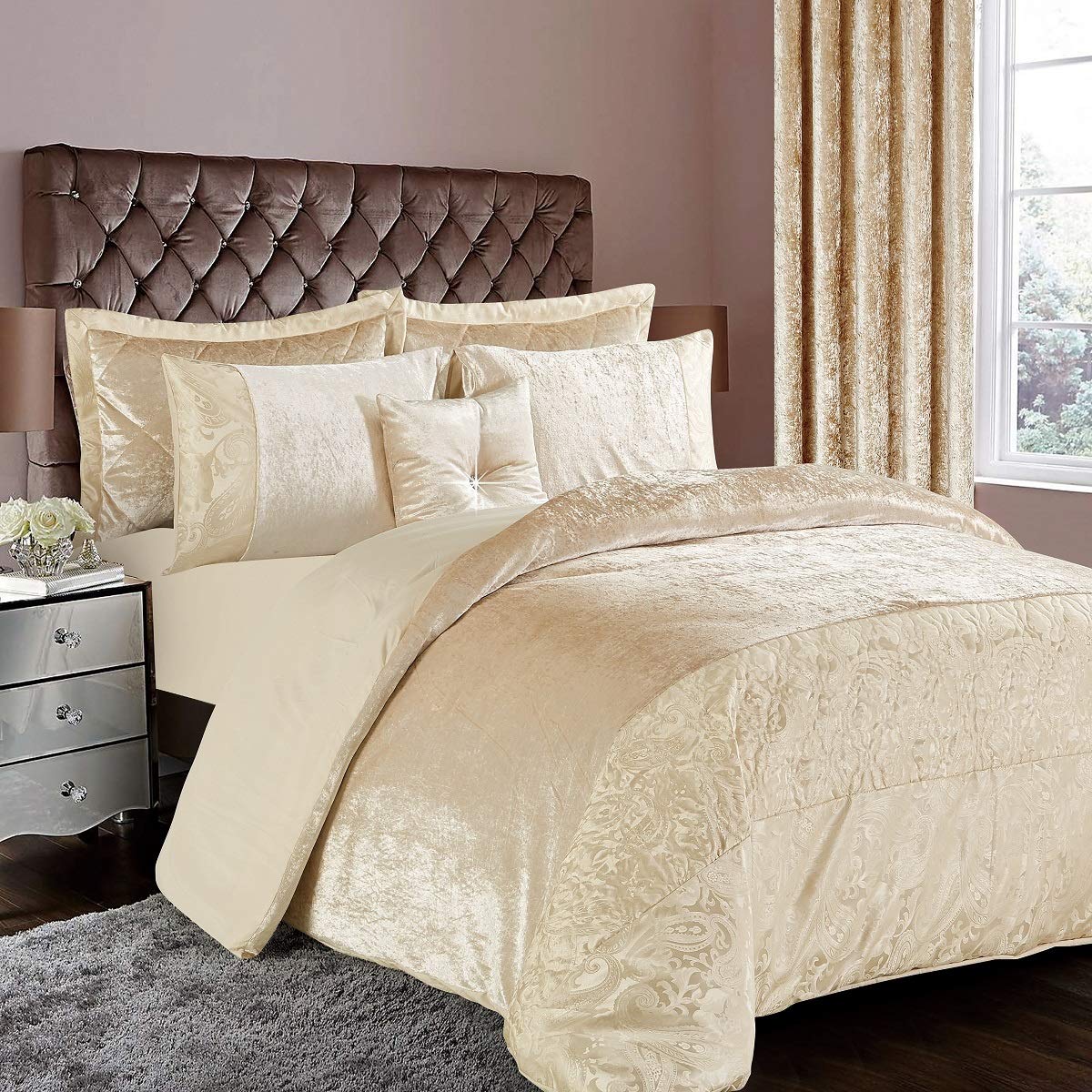 Thl Santiago-D/S-Beige 3 Piece Duvet/Quilt Cover Set Crushed Velvet Bedding Set With 2 Pillow Case (, King)