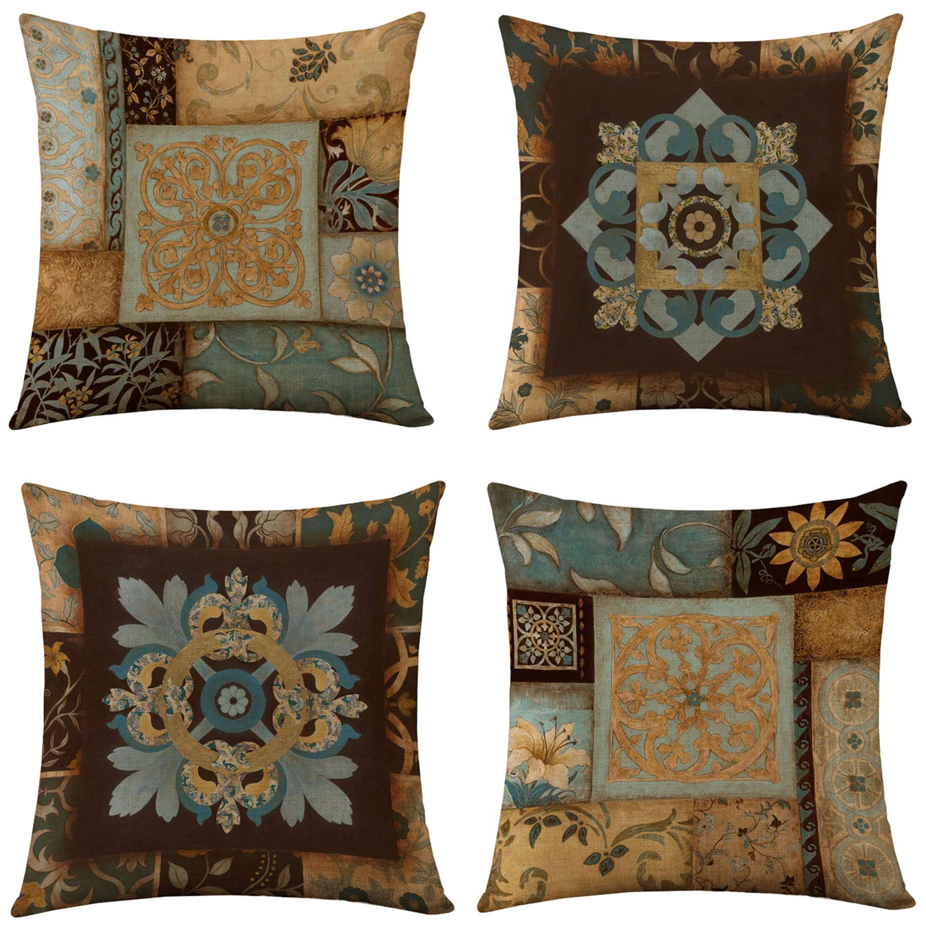 WOMHOPESet of 4 Throw Pillow Covers Boho Mandala Decorative Pillow Cover Cushion Cases Burlap Toss 18 x 18 Inch for Couch,Bed,Sofa (Brown)